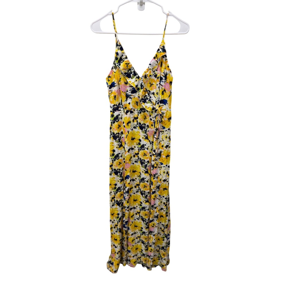 Olivia Grey Floral Maxi Dress Size Small Yellow Ruffle Faux Wrap Style Summer